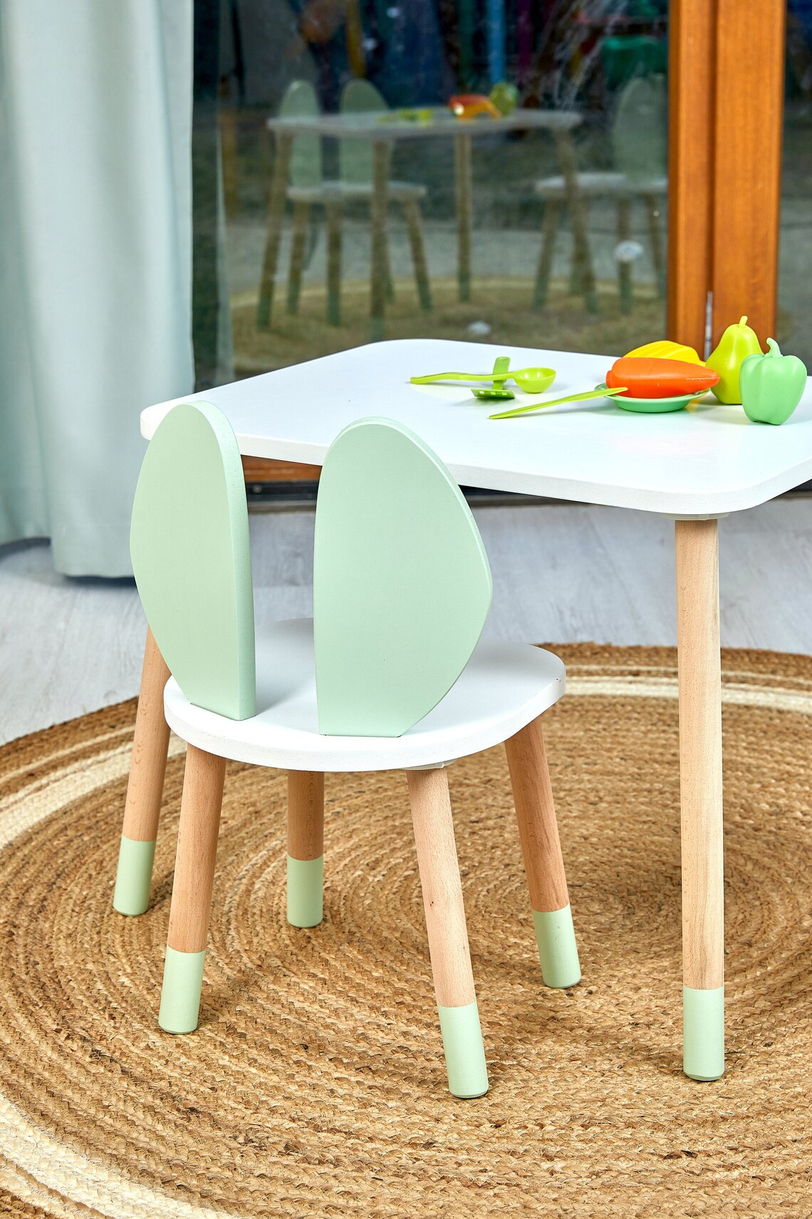 Bunny Chair Wooden Kids Table And Chair Set, Montessori Table And Chair For Kids, Rabbit top Chair, Wooden Activity Table